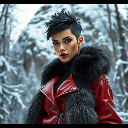 A young woman with spiky hair is standing in a snowy forest. She's wearing a red leather jacket and fur collar that contrasts with the white snow around her. The background features tall trees covered in snow, creating an ethereal atmosphere.