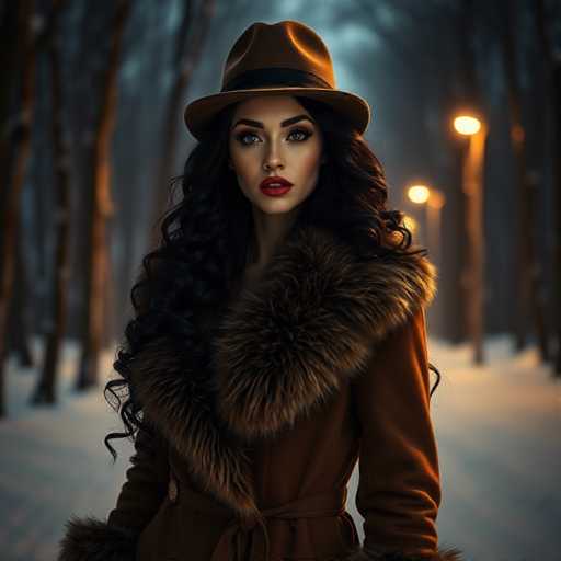 A woman with long dark hair is standing in a snowy forest at night. She is wearing a brown fur coat and a brown fedora hat. The background features the silhouettes of trees against a dark sky.