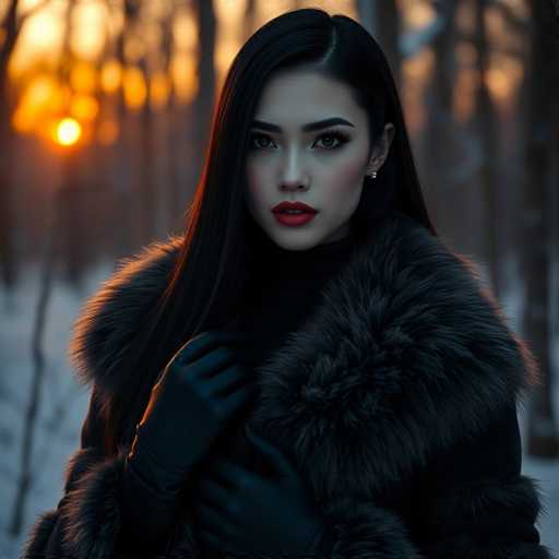 A woman with long dark hair is standing in a snowy forest during sunset. She is wearing a black fur coat and has her hands tucked into her pockets. The warm glow of the setting sun casts an orange hue over the trees in the background, creating a serene and tranquil atmosphere.