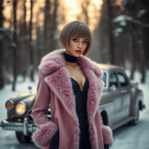 A woman with short blonde hair and bangs is standing in front of a car on a snowy day. She is wearing a pink fur coat and black pants. The car has a classic design featuring chrome accents and a large rear window.