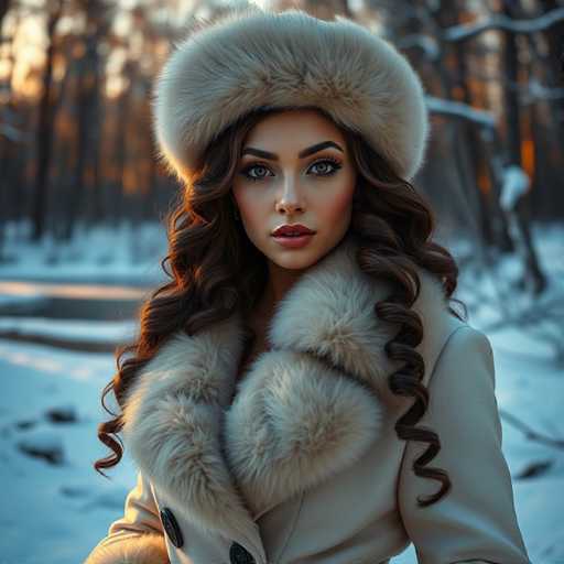 A woman with long brown hair is standing in a snowy forest during sunset. She is wearing a fur hat and coat that matches the white snow around her. The trees behind her have bare branches reaching out into the sky.