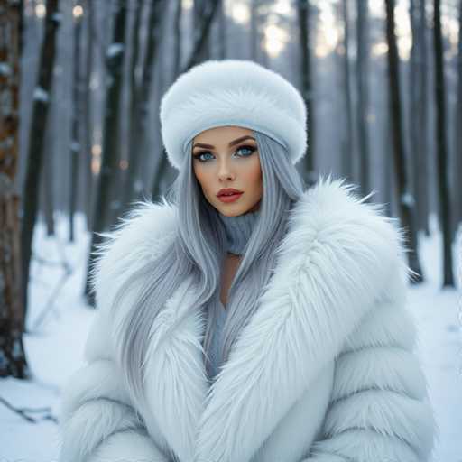 A woman with long blonde hair is standing in a snowy forest wearing a white fur coat and hat.