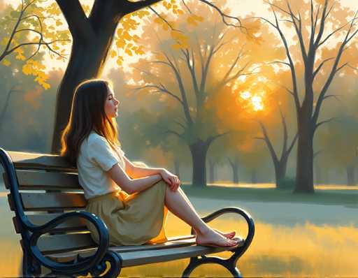 A woman is sitting on a bench in a park during sunset. She is wearing a white shirt and a yellow skirt. The trees around her have autumn leaves, suggesting the season to be fall.