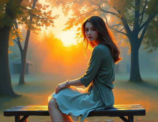 A woman is sitting on a bench in a park during sunset. She is wearing a green dress and has long brown hair. The setting sun casts a warm glow over the scene, creating an atmosphere of tranquility and beauty.