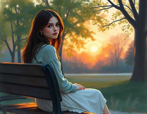 A woman with long brown hair is sitting on a wooden bench in a park during sunset. She is wearing a white dress and has her legs crossed as she gazes off into the distance. The background features trees and a clear sky, creating a serene atmosphere for the scene.