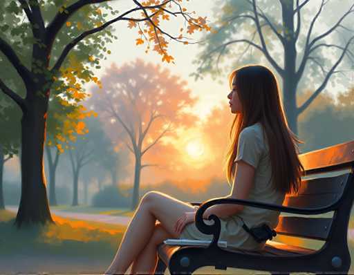 A woman with long brown hair is sitting on a bench in a park during sunset. She is wearing a white dress and has her legs crossed as she gazes off into the distance. The trees around her are lush and green, and the sky above them is painted in warm hues of orange and yellow.