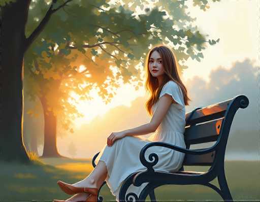 A woman is sitting on a bench in a park during sunset. She is wearing a white dress and has her legs crossed. The setting sun casts a warm glow over the scene, creating long shadows and highlighting the colors of nature.