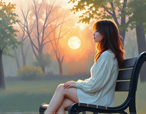 A woman is sitting on a bench in a park during sunset. She is wearing a white dress and has her legs crossed. The setting sun casts a warm glow over the scene, creating a serene atmosphere.