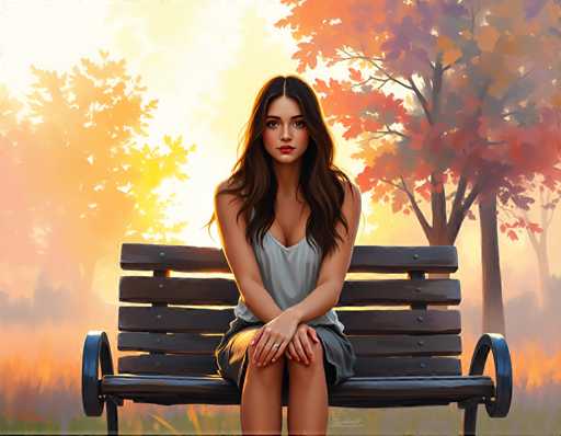 A woman is sitting on a bench in an autumn park. She is wearing a white tank top and black skirt. The setting sun casts long shadows across the scene, creating a warm glow over the trees and grass around her.