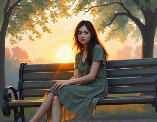 A woman is sitting on a bench in a park during sunset. She is wearing a green dress and has her legs crossed. The setting sun casts a warm glow over the scene, creating a serene atmosphere.