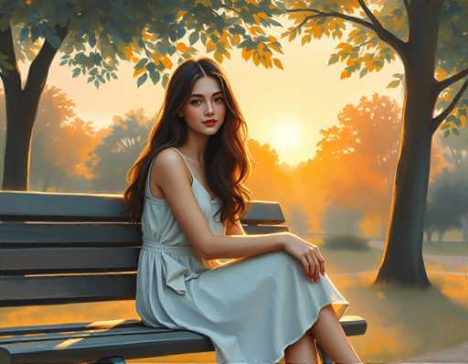 A woman is sitting on a bench in a park during sunset. She is wearing a white dress and has long brown hair that falls over her shoulders. The setting sun casts a warm glow over the scene, highlighting the trees behind her.