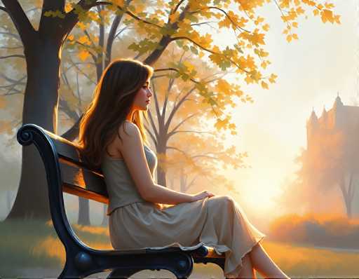 A woman is sitting on a bench in an autumn park. She is wearing a white dress and has long brown hair that falls over her shoulders. The setting sun casts a warm glow on the trees around her, creating a serene atmosphere.