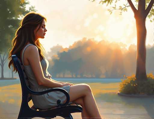 A woman is sitting on a bench in a park, wearing a white dress and facing away from the camera with her hair pulled back into a ponytail. The background features trees and a sunset, creating a serene atmosphere.