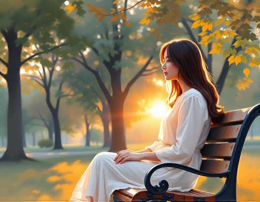 A woman is sitting on a bench in a park during sunset. She is wearing a white dress and has long brown hair. The setting sun casts a warm glow over the scene, creating a serene atmosphere.