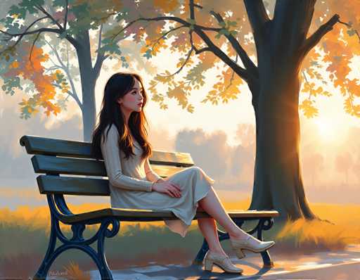 A woman is sitting on a bench in an autumn park. She is wearing a white dress and heels. The setting sun casts long shadows across the scene, creating a warm glow over the trees and grass around her.