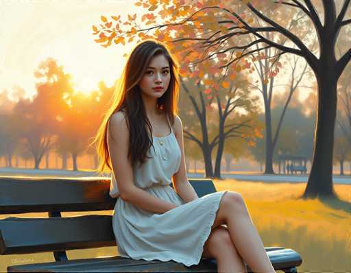 A woman is sitting on a bench in an autumn park. She is wearing a white dress and has long brown hair that falls over her shoulders. The setting sun casts a warm glow on the trees around her, creating a serene atmosphere.