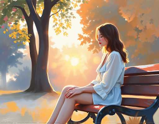 A woman is sitting on a bench in a park during sunset. She is wearing a white dress and has her legs crossed. The setting sun casts a warm glow over the scene, creating long shadows and highlighting the colors of the sky and trees.