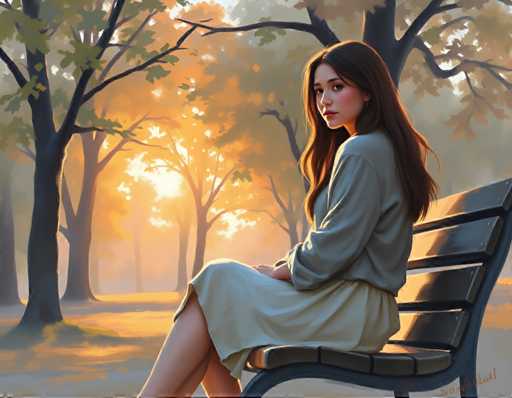 A woman with long brown hair is sitting on a black park bench in an autumn setting. She is wearing a white dress and has her legs crossed as she gazes off into the distance. The background features trees with orange leaves against a clear blue sky.