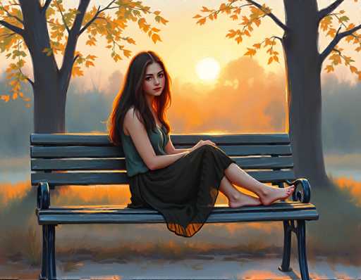 A woman is sitting on a bench in a park during sunset. She has long brown hair and is wearing a green tank top and black skirt. The setting sun casts an orange glow over the trees behind her, creating a warm and serene atmosphere.