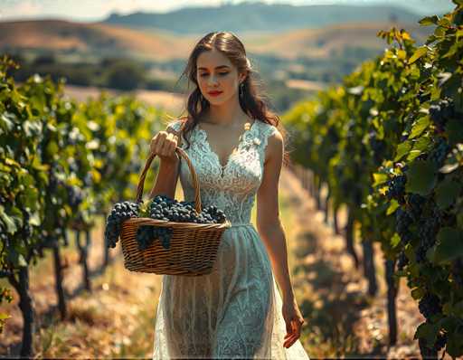 A woman is walking through a vineyard carrying a basket filled with grapes on her arm. She is wearing a white dress and has long hair that falls down past her shoulders. The background shows rows of grapevines stretching into the distance under a clear blue sky.