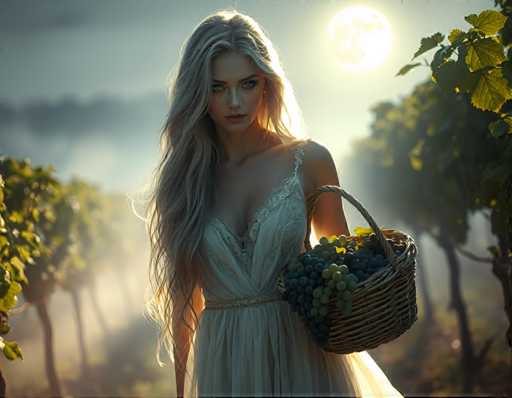 A woman with long blonde hair is standing in a vineyard surrounded by grapevines and trees under a full moon. She is holding a basket filled with grapes on her left hand.