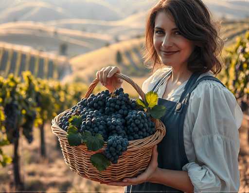 A woman is standing in front of a vineyard with her arms raised above her head holding a basket filled with grapes.