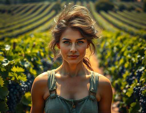 A woman stands in front of a vineyard, wearing a green dress and facing the camera with a serious expression. The background is filled with rows of grapevines stretching into the distance under a clear blue sky.