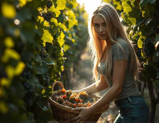 A woman with blonde hair is standing next to a basket filled with ripe red grapes and green grapes on a vineyard.