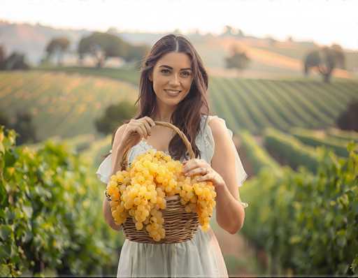 A woman is standing in front of a vineyard with her arms full of ripe yellow grapes and holding a basket on her left hand.