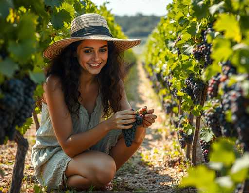 A woman wearing a straw hat and a white dress is crouched down among rows of grapevines in a vineyard. She is holding a bunch of grapes in her hands.