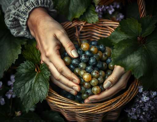 A person's hands holding a basket filled with green and yellow grapes against a backdrop of purple flowers.