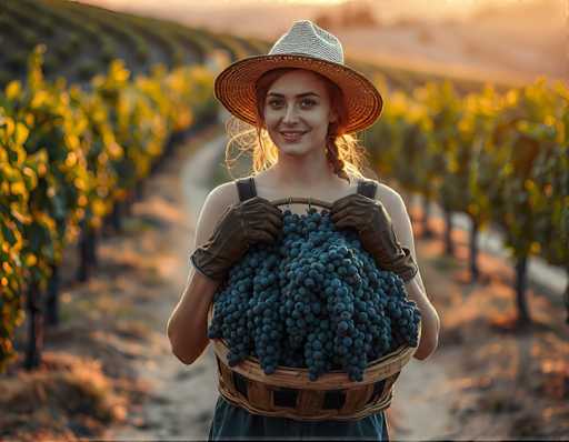 A woman wearing a straw hat and holding a basket filled with grapes stands on the right side of the image, facing towards the left. The background is filled with rows of grapevines stretching into the distance under a clear sky.