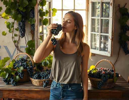 A woman is standing next to a table filled with bunches of grapes and holding one up to her face as she takes a bite out of it. The table has three baskets on it, each containing different types of grapes. The background features a window covered in green vines that provide natural lighting for the scene.