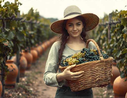 A woman wearing a straw hat and holding a basket filled with grapes stands in front of rows of terracotta pots on a vineyard.