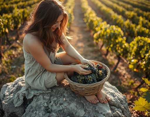 A woman is sitting on a rock and holding a basket filled with grapes. The basket has a handle and the grapes inside appear to be dark purple.