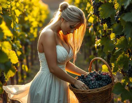 A woman wearing a white dress is standing next to a basket filled with grapes in an outdoor setting surrounded by grapevines and trees.