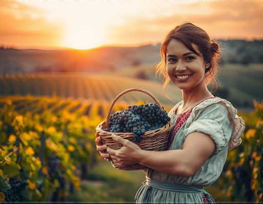 A woman stands in front of a vineyard, holding a basket filled with grapes against the backdrop of a sunset.