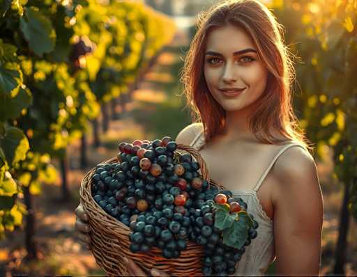 A woman with long brown hair is standing in a vineyard surrounded by grapevines and holding a basket filled with grapes.