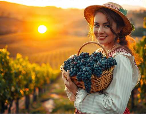 A woman is standing on a vineyard holding a basket filled with grapes against the backdrop of a sunset.