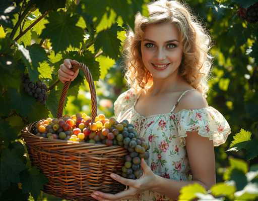 A young woman with blonde hair is standing in a lush green vineyard, holding a wicker basket filled with grapes and wearing a white dress adorned with pink flowers.