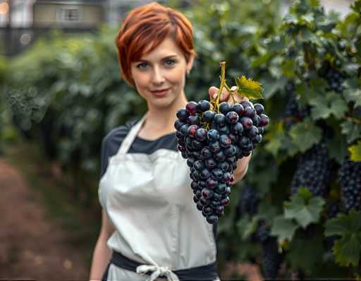 A woman with red hair is standing in a vineyard surrounded by grapevines and holding up a bunch of grapes for the camera.