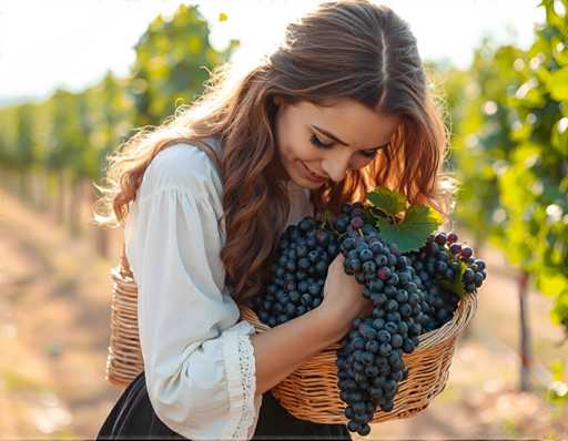 A woman with long brown hair is standing on a dirt path surrounded by lush green trees and grapevines. She is wearing a white blouse and black skirt. In her hands, she holds a basket filled with dark purple grapes.