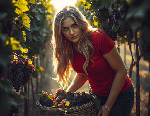 A young woman with blonde hair is standing next to a basket filled with red and green grapes on her right hand. The basket has a handle on the left side of it.