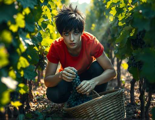 A young woman is crouched down and holding a basket filled with grapes in her hands. She is wearing a red shirt and black pants. The setting appears to be an outdoor vineyard or garden, as evidenced by the presence of grapevines surrounding her.