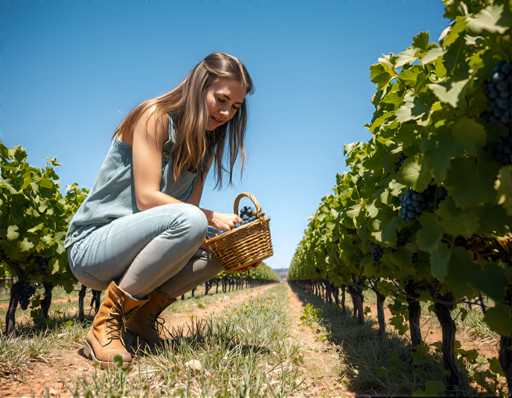 A woman wearing a blue tank top and gray pants is crouched down next to a basket of grapes on a vineyard.