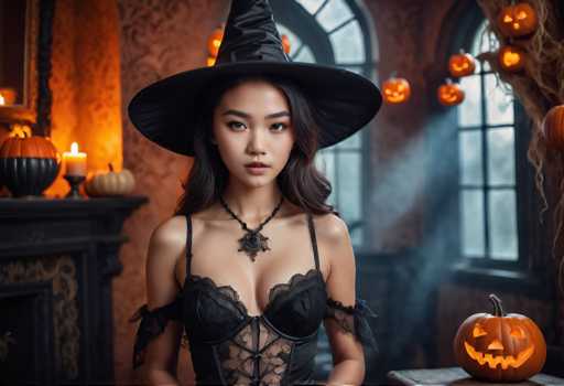 The image shows a woman dressed as a witch standing in front of a fireplace with a pumpkin on the mantel and candles behind her. She is wearing a black corset and a black hat that has a pointed top. The room appears to be dimly lit, creating an atmospheric setting for the scene.