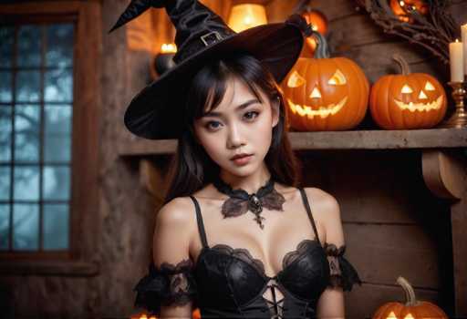 The image shows a woman dressed as a witch standing against a backdrop of Halloween decorations. She is wearing a black corset and a black hat with a pointed top, which gives her the appearance of a witch. The room behind her features several carved pumpkins, adding to the festive atmosphere.