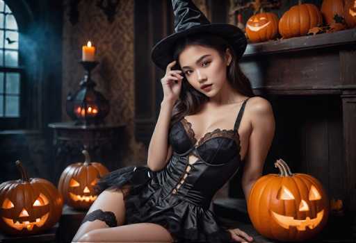 A woman dressed as a witch is seated on a bench surrounded by carved pumpkins and candles.