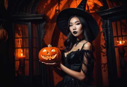 A woman dressed as a witch stands in front of a black archway with a pumpkin on the left side and candles on the right side.