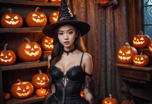 A woman dressed as a witch stands in front of a collection of carved pumpkins on a wooden shelf. She is wearing a black corset and a black hat with a feather. The pumpkins include jack-o-lanterns with faces carved into them, arranged in a row behind the woman.